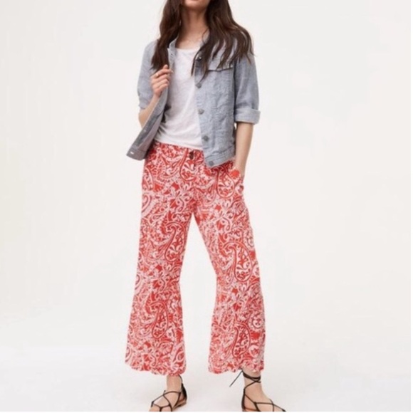 Loft Sz 16 Red White Paisley Wide Leg Pants Coastal Resortwear Beach Summer - Picture 2 of 12